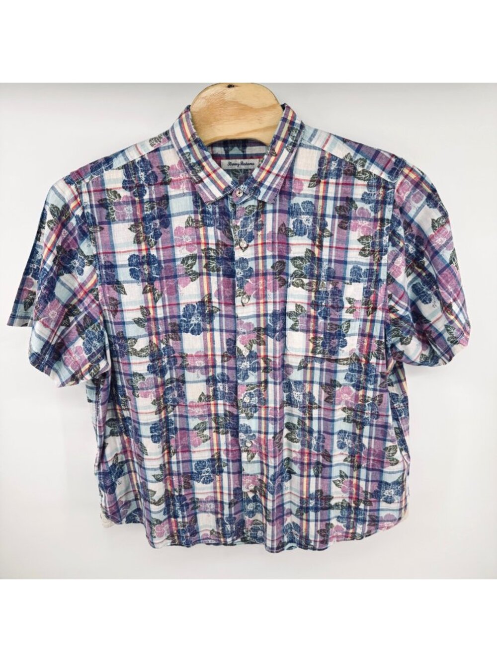 Tommy Bahama Mens XXL Floral Plaid Short Sleeve Button-Down Shirt Linen Blend